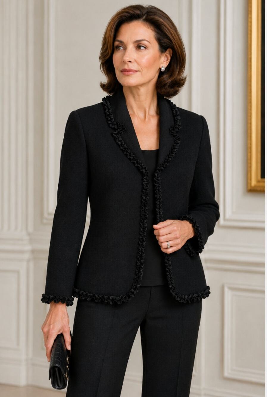 Vintage St John Evening Santana Knit Black Ruffle Cardigan Jacket 12 USA Classy